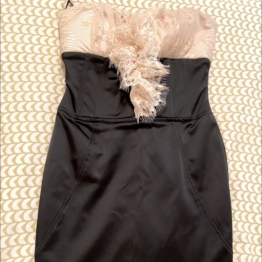 Strapless antique lace and satin fitted dress by Bebe
